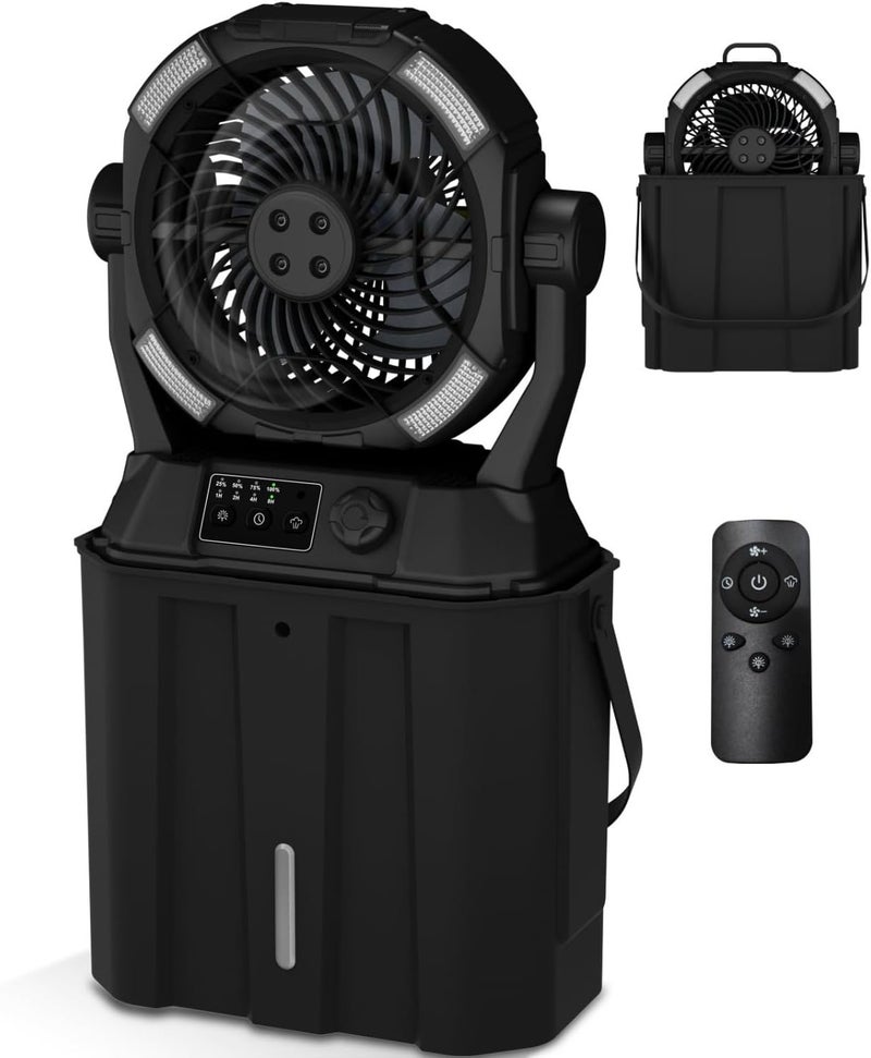 Wilody Misting Fan Portable Camping Fan 42800mAh Rechargeable with Remote Control, 3 LED Light & Stepless Speed Control & Cooling Spray with 6L Bucket, Timer Function, Portable Handle, Rotating Hanging Hook - Image 1